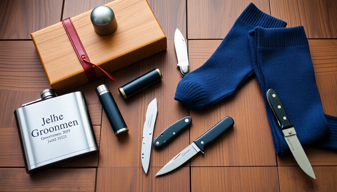 Showcase unique cheap groomsmen gifts like flasks and pocket knives arranged on a rustic table.