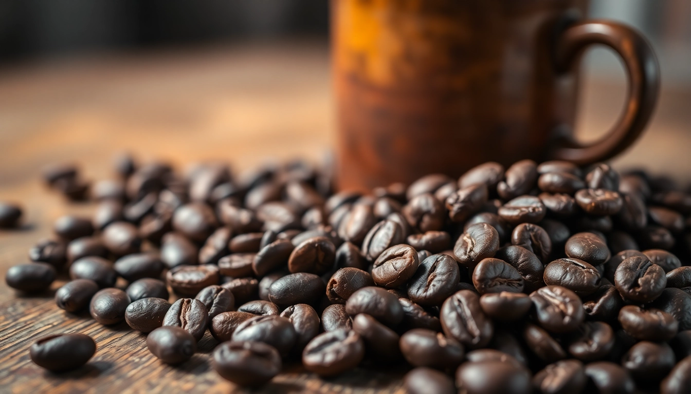 Roasted coffee beans displayed with rich textures and warm lighting on a wooden surface.