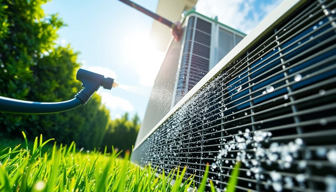 Learn how to clean ac condenser effectively with a hose and nozzle in a sunny garden setting.