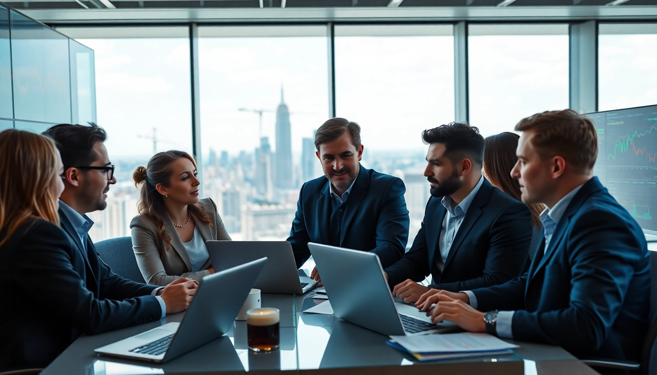 Traders analyzing trade futures data in a modern office setting focusing on collaboration and technology.