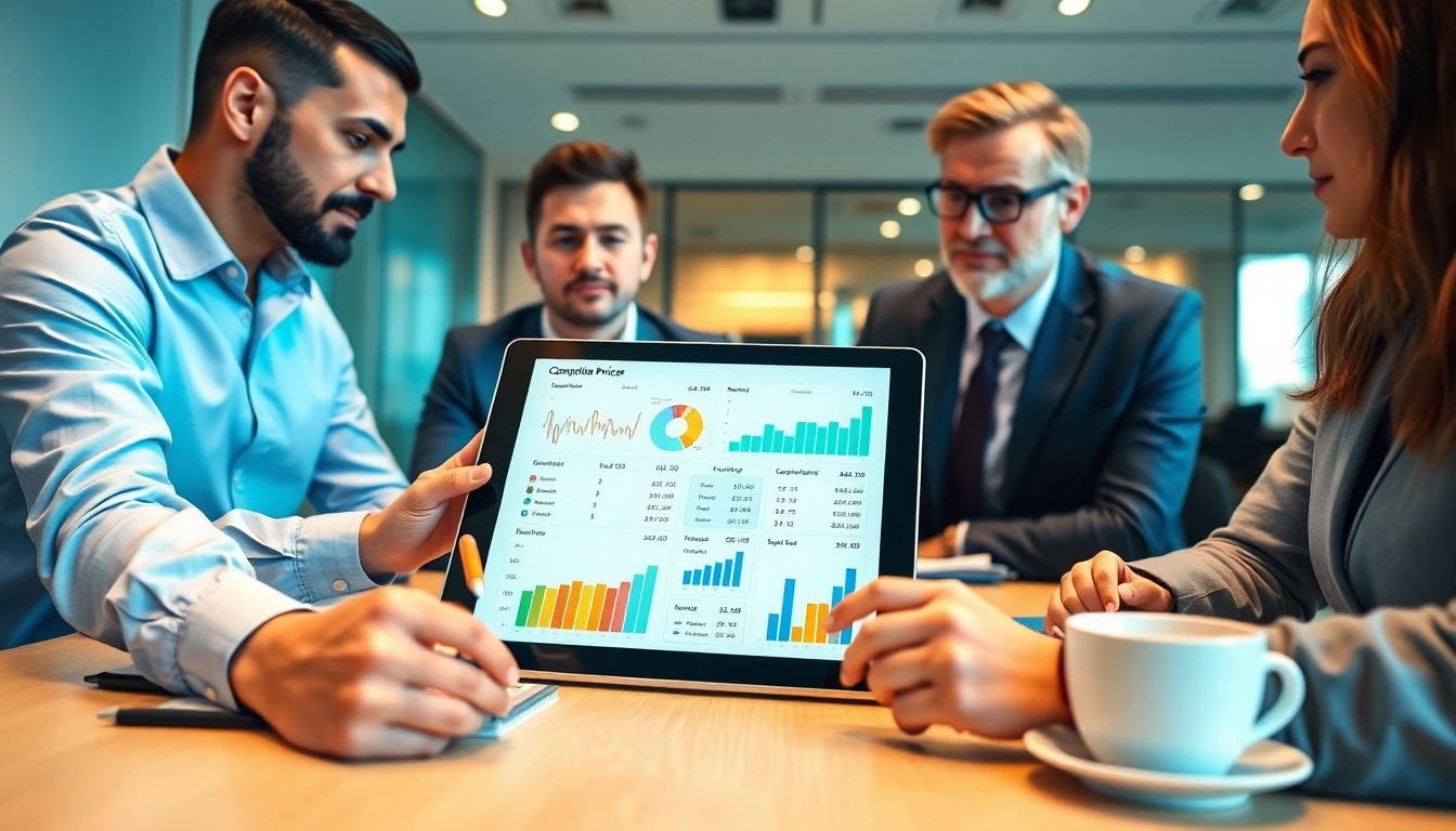 Analyze competitor pricing strategies with professionals comparing data in a bright office.