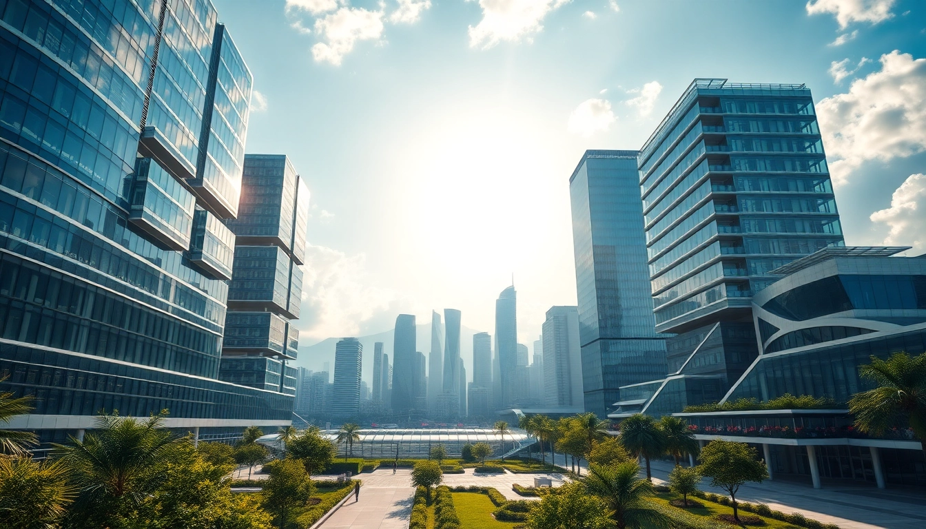Elevate building illustration featuring modern architecture and vibrant cityscape elements.