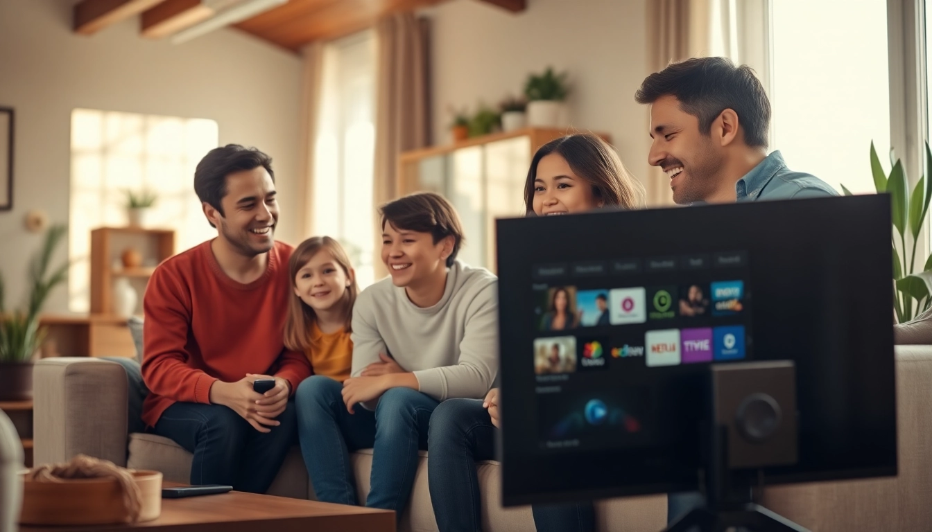 Discovering various streaming options during a free streaming trial with a family in a cozy living room.