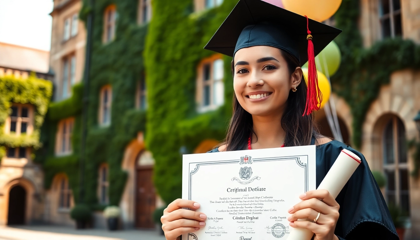 Showcase of a graduate proudly displaying their original UK degree in a historic university setting.