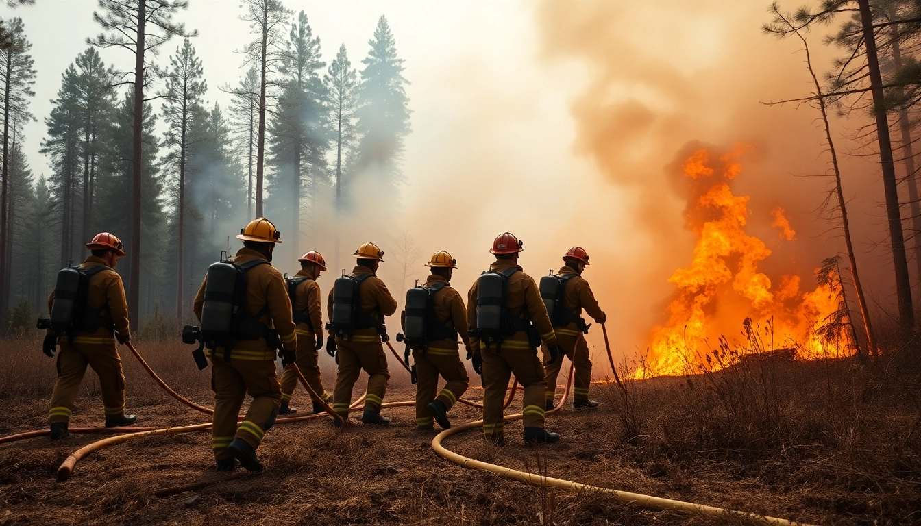 Firefighters tackling wildfire events amidst smoke and flames, emphasizing resilience and teamwork.