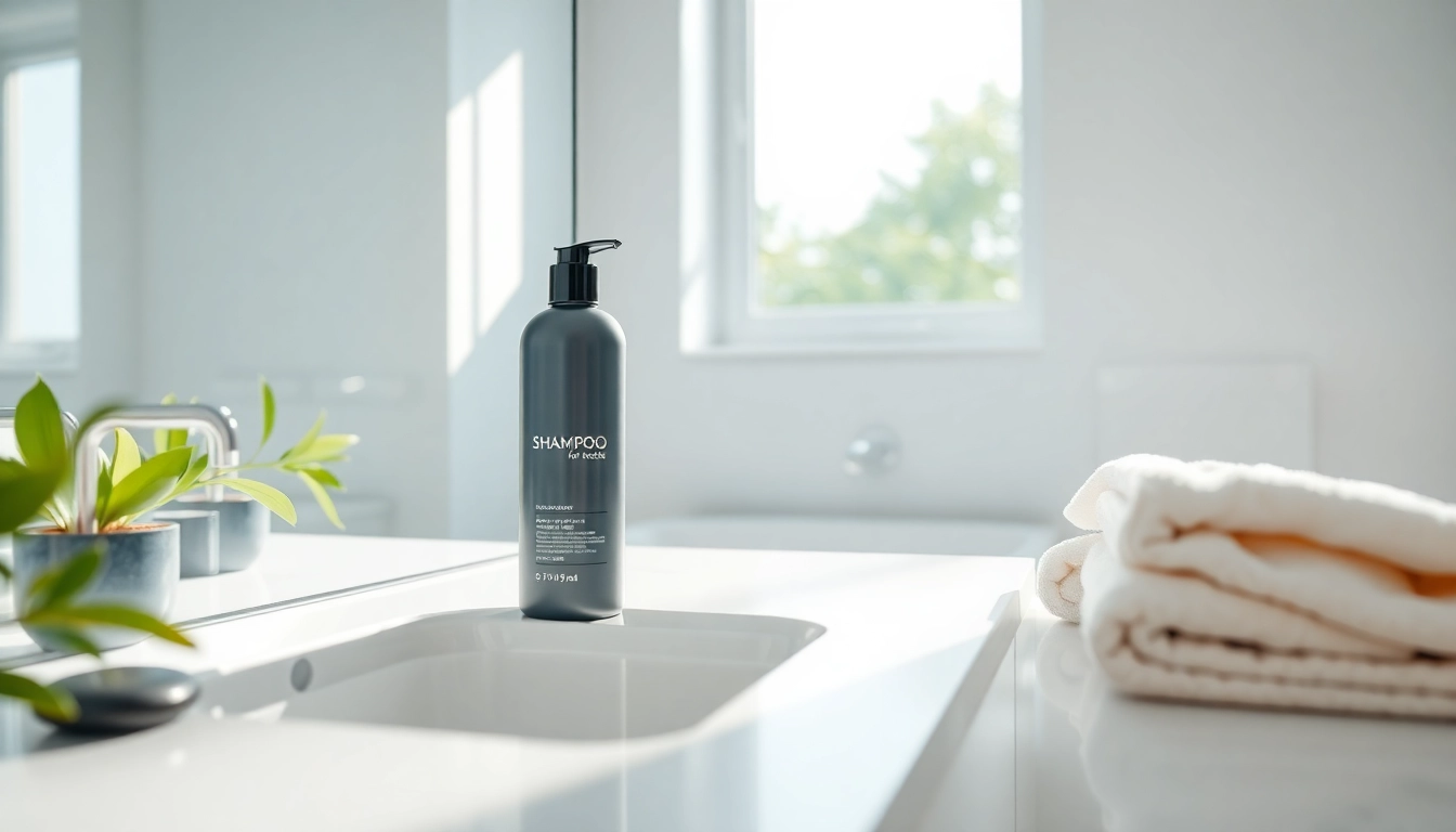 Promote healthy hair with this shampoo for alopecia showcased in a bright bathroom setting.
