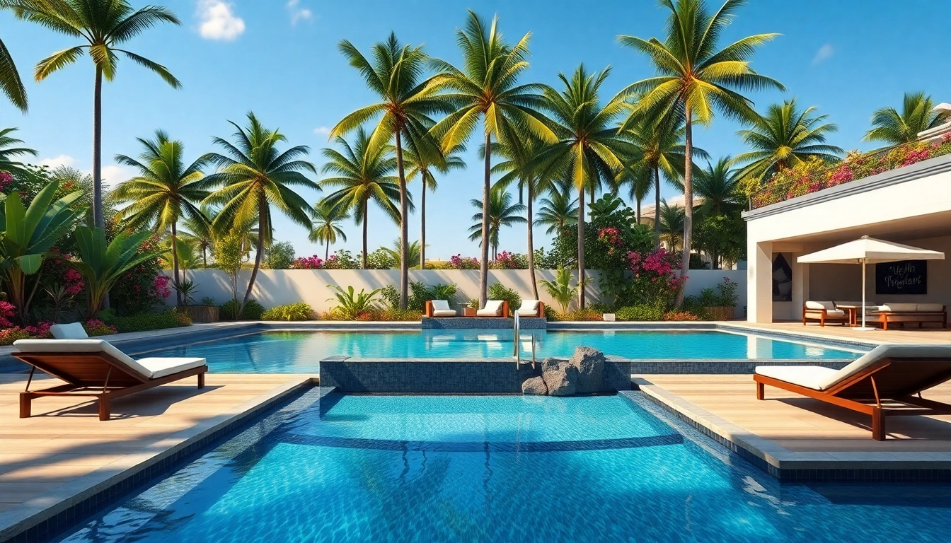 Stunning custom pool design with lush landscaping, inviting lounge area, and natural sunlight.