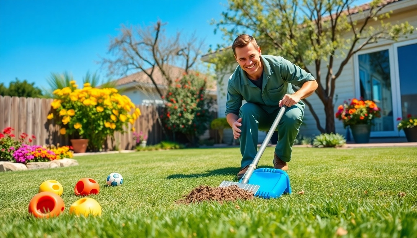 Provide affordable pooper scooper service San Antonio with our friendly waste removal expert in a sunny backyard.
