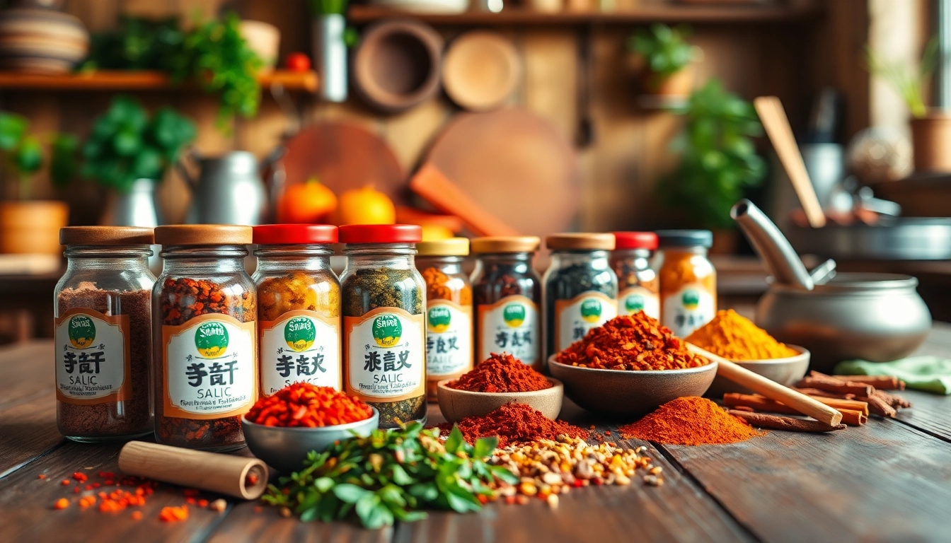 Découverte des épices orientales avec des pots colorés sur une table en bois dans une cuisine rustique.