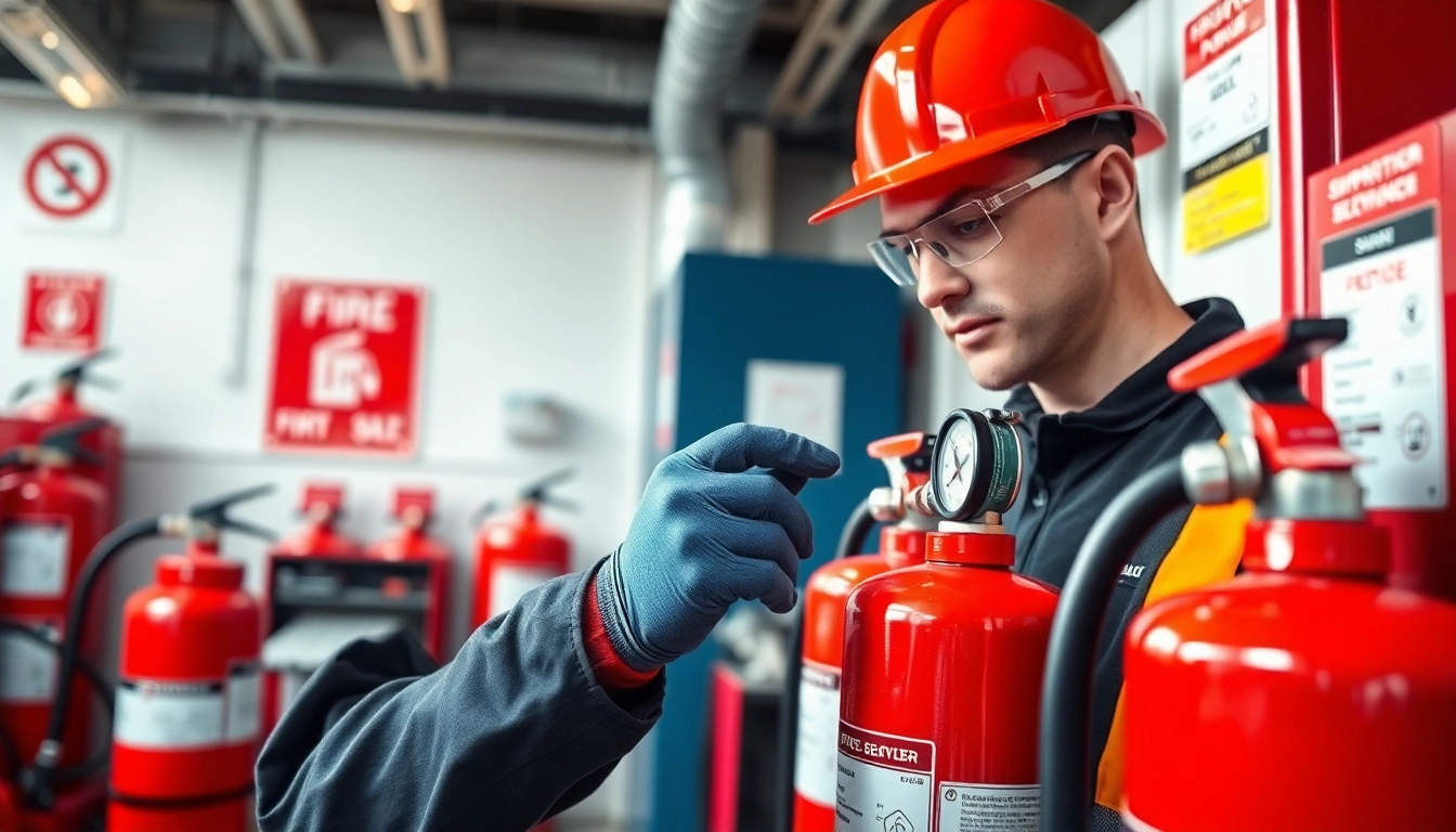 Fire extinguisher servicing Lichfield technician inspecting extinguishers in a professional setting.