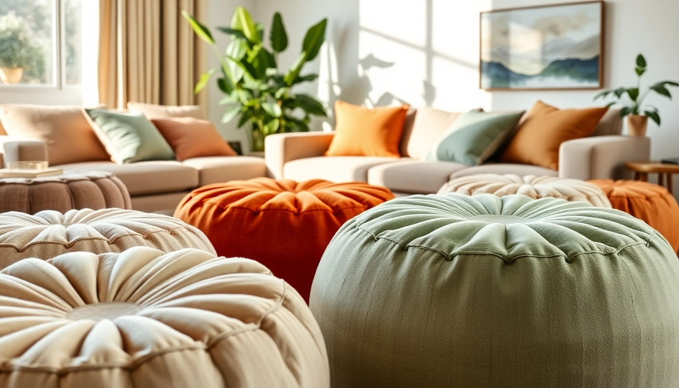 Cactus silk Poufs enhancing a stylish living room with a cozy decor.