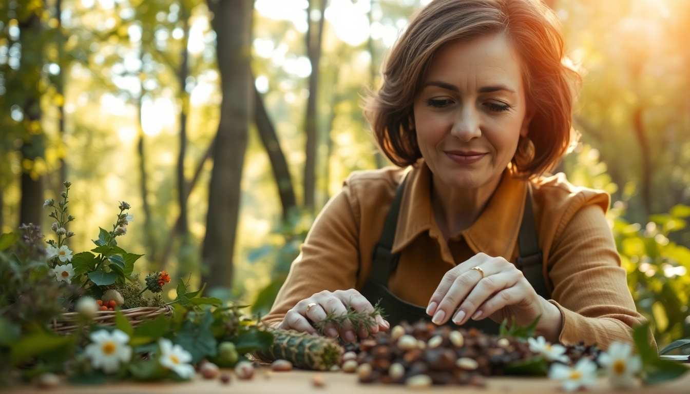 Gathering natural antihistamines from fresh herbs in a serene environment.