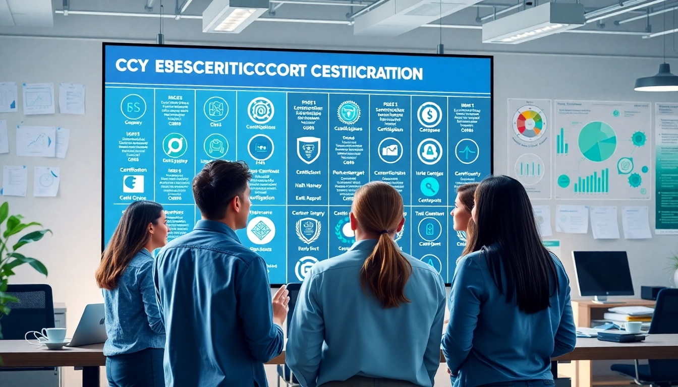 Explore cybersecurity certifications through collaborative professionals in a modern office setting.