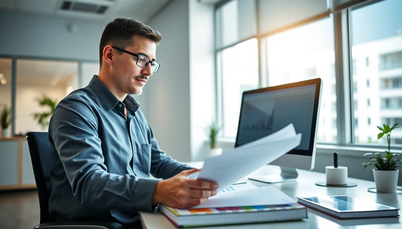 Engaging medical coder achieving certification through focused study and analysis in a modern office.