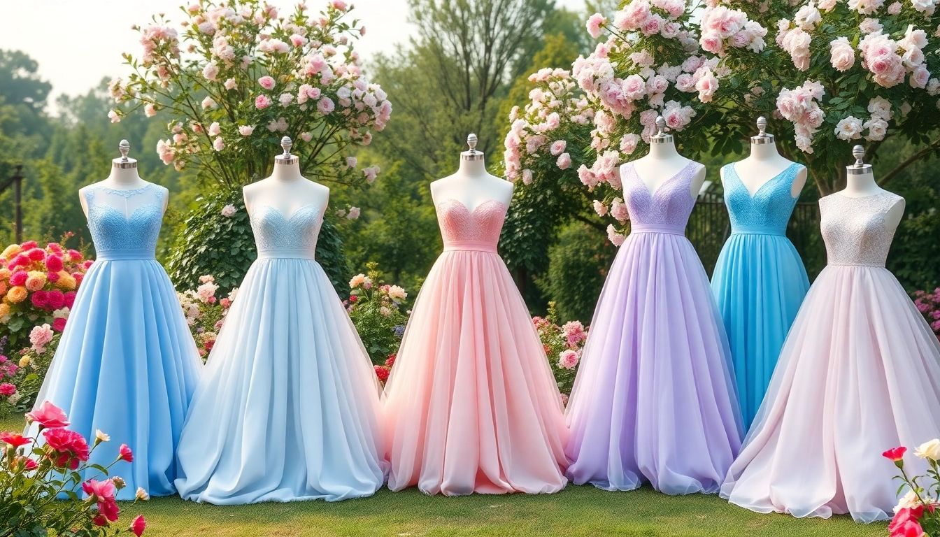Browse gorgeous coloured wedding dresses adorned in vibrant shades among a beautiful garden setting.