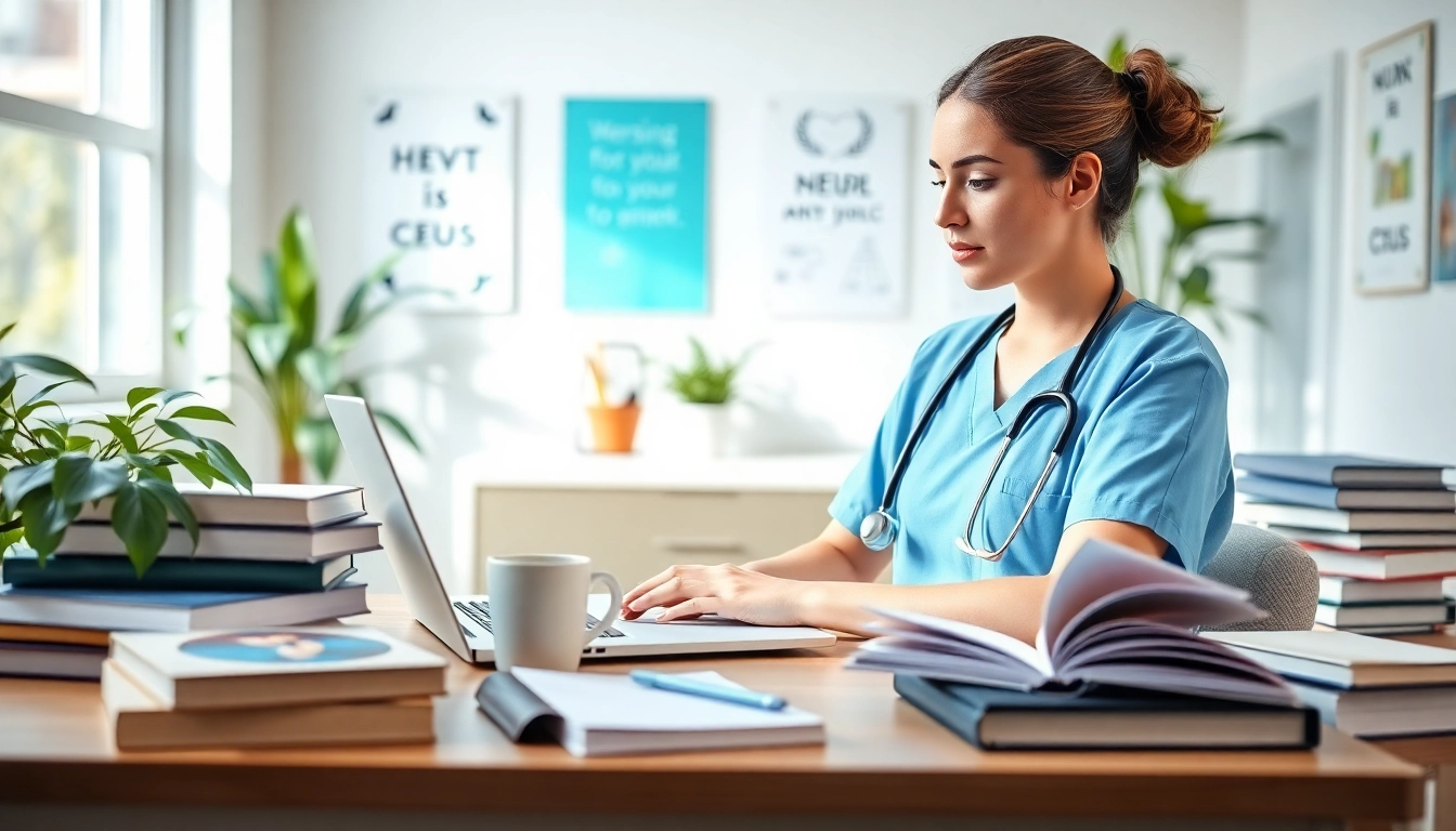 Engaged nurse studying nursing ceus in a bright and modern environment.