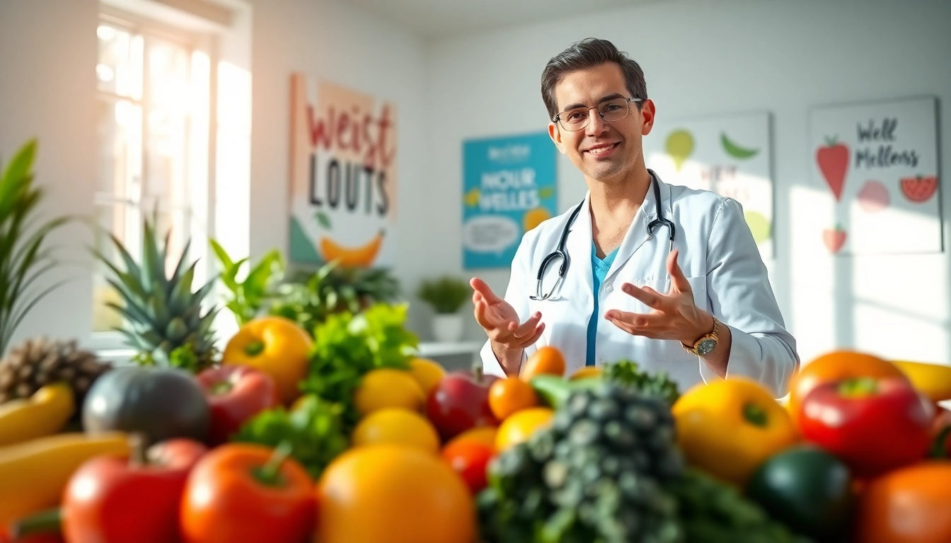 Engaging weight loss program consultation in a bright clinic with fresh produce.