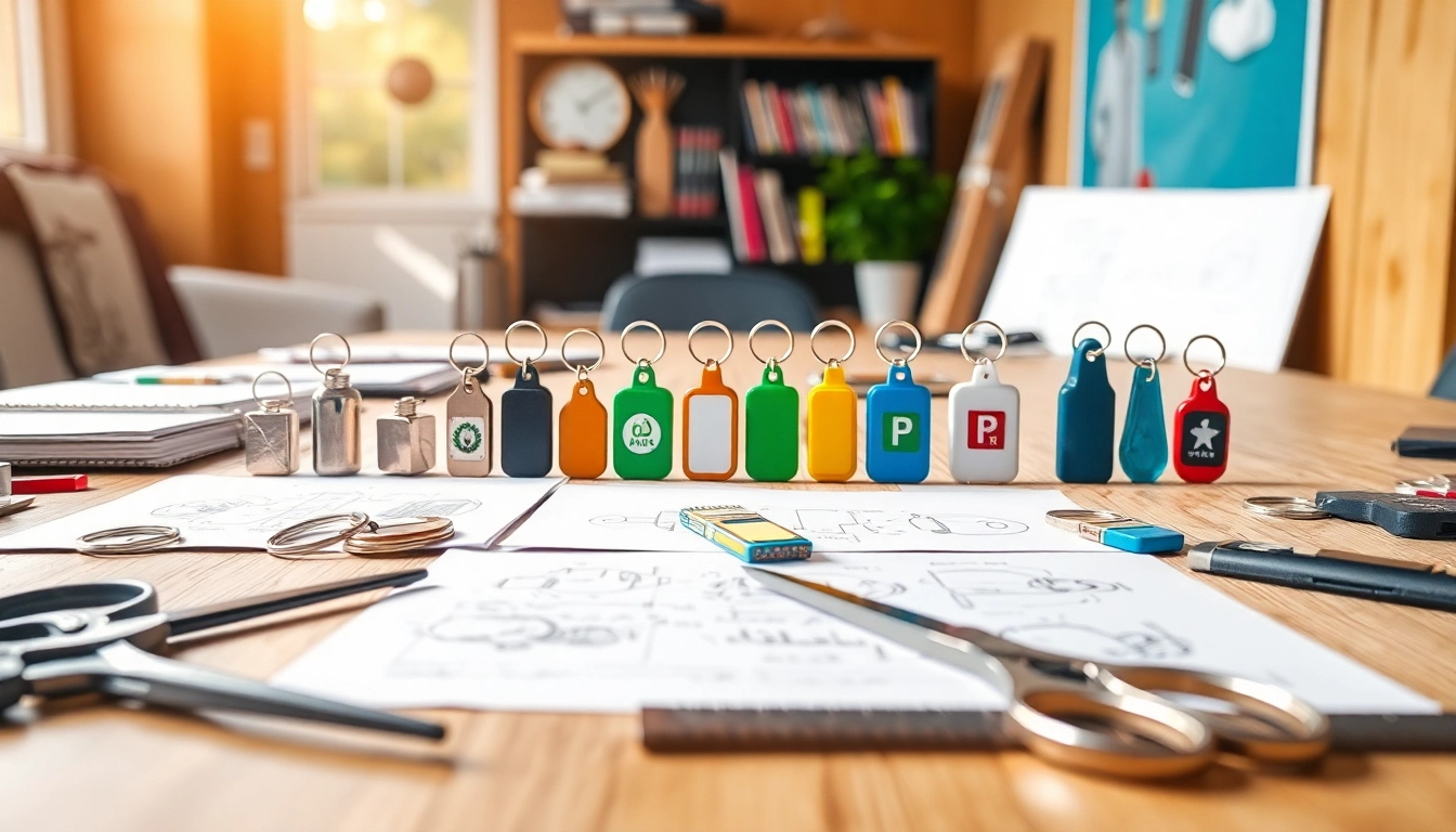 Craft custom key chains with various materials and design tools displayed in a bright workspace.