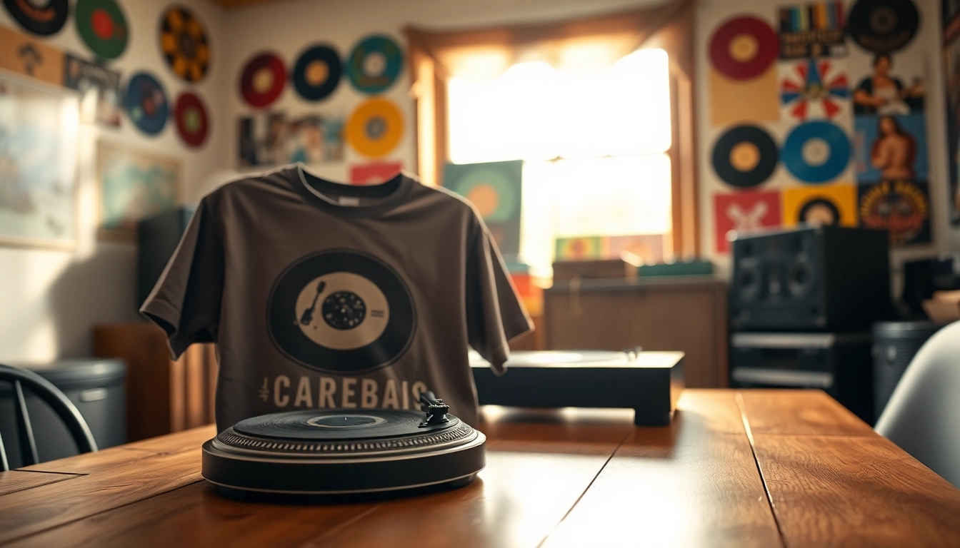 Showcasing a stylish turntable shirt with vibrant graphics in a cozy music room.