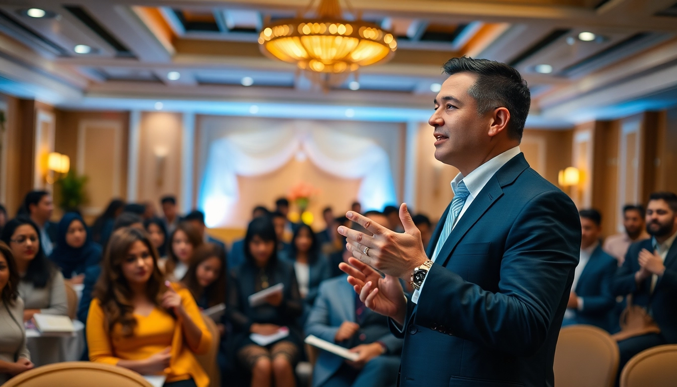 Showcase Miami Corporate Event Videography Photography with engaged audience and professional speaker in elegantly lit venue.