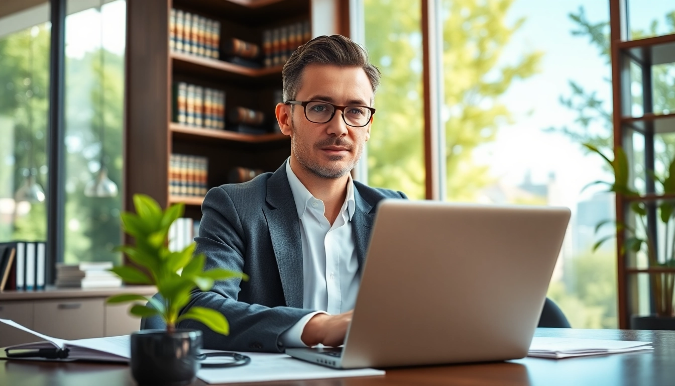 Environmental lawyer reviewing documents in a modern office setting with a focus on sustainability.