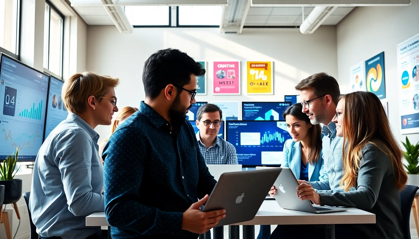 Engaged team of social media marketing companies edmonton collaborating in a modern office space