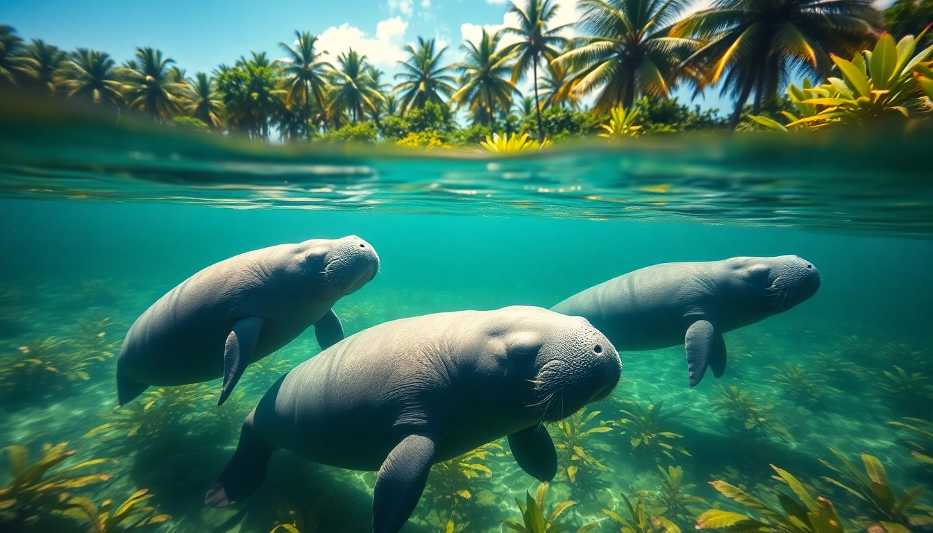 Observe manatees Puerto Rico swimming in a serene lagoon surrounded by lush greenery and sunlight.