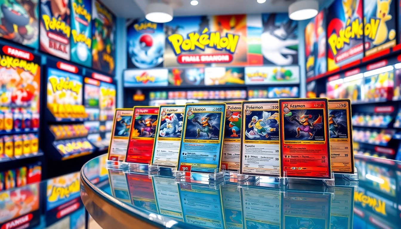 Browse real pokemon cards displayed attractively in a lively game store environment.