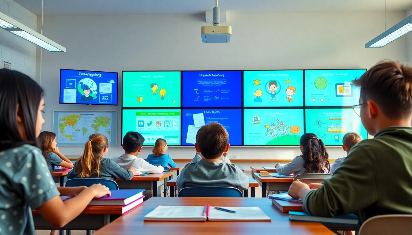 Engaged students using digital signage for schools in a modern classroom, showcasing interactive learning.