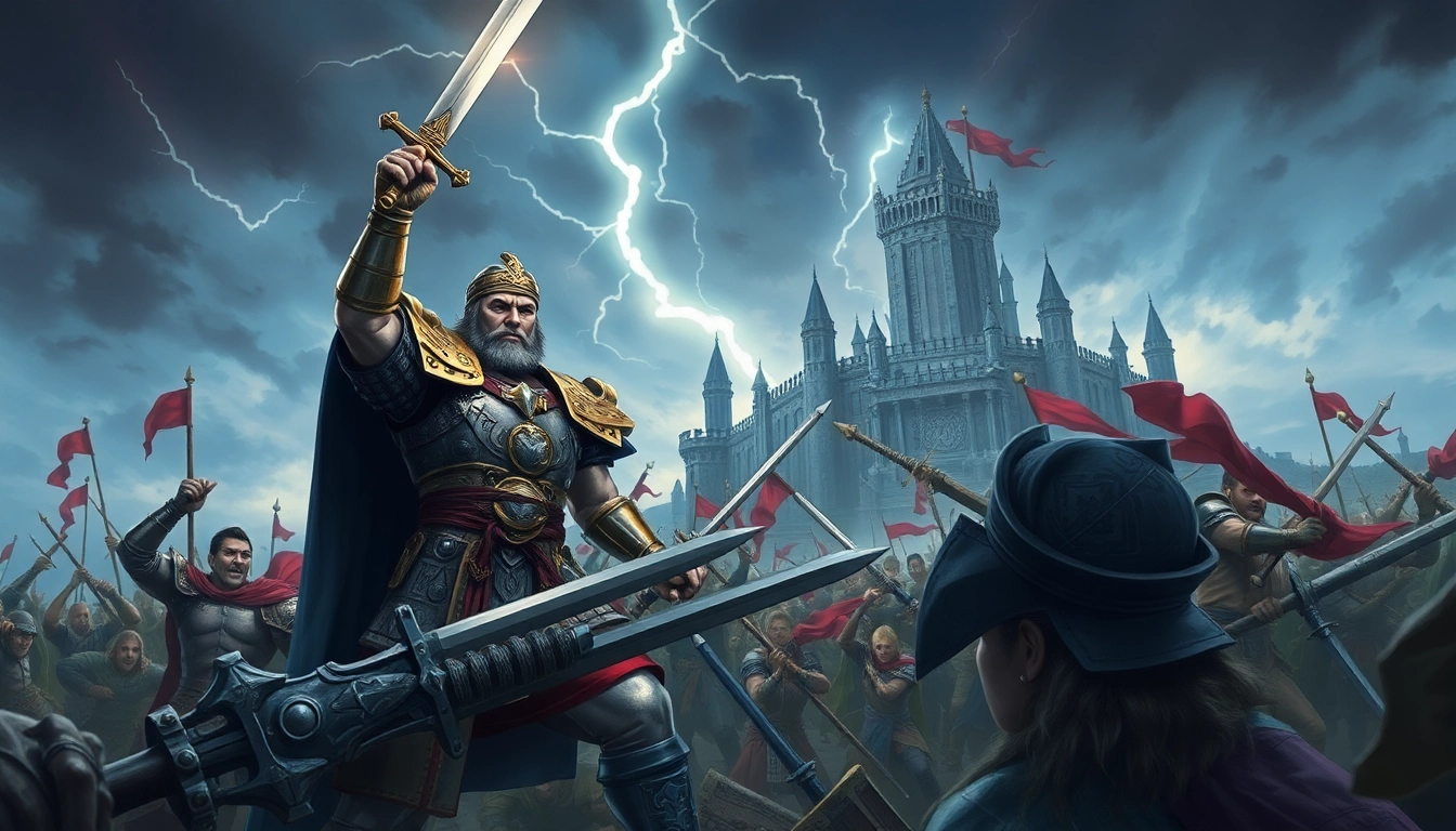 Warlords leading a fierce battle in a dramatic medieval fantasy scene.
