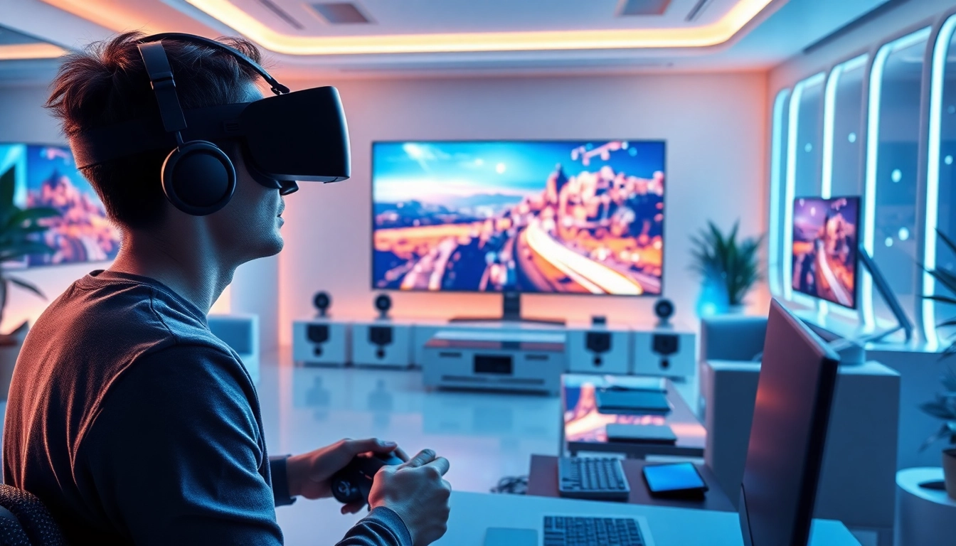 Engaged user exploring a virtual desktop environment with immersive multimedia displays.