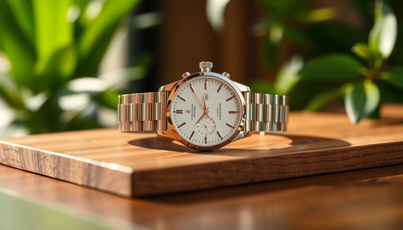 Herren Armbanduhr, stilvoll auf einem Holzuntergrund präsentiert, mit elegantem Design.