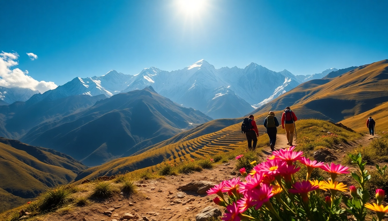 Trekking the Annapurna Circuit Trek amidst stunning Himalayan landscapes and vibrant wildflowers.
