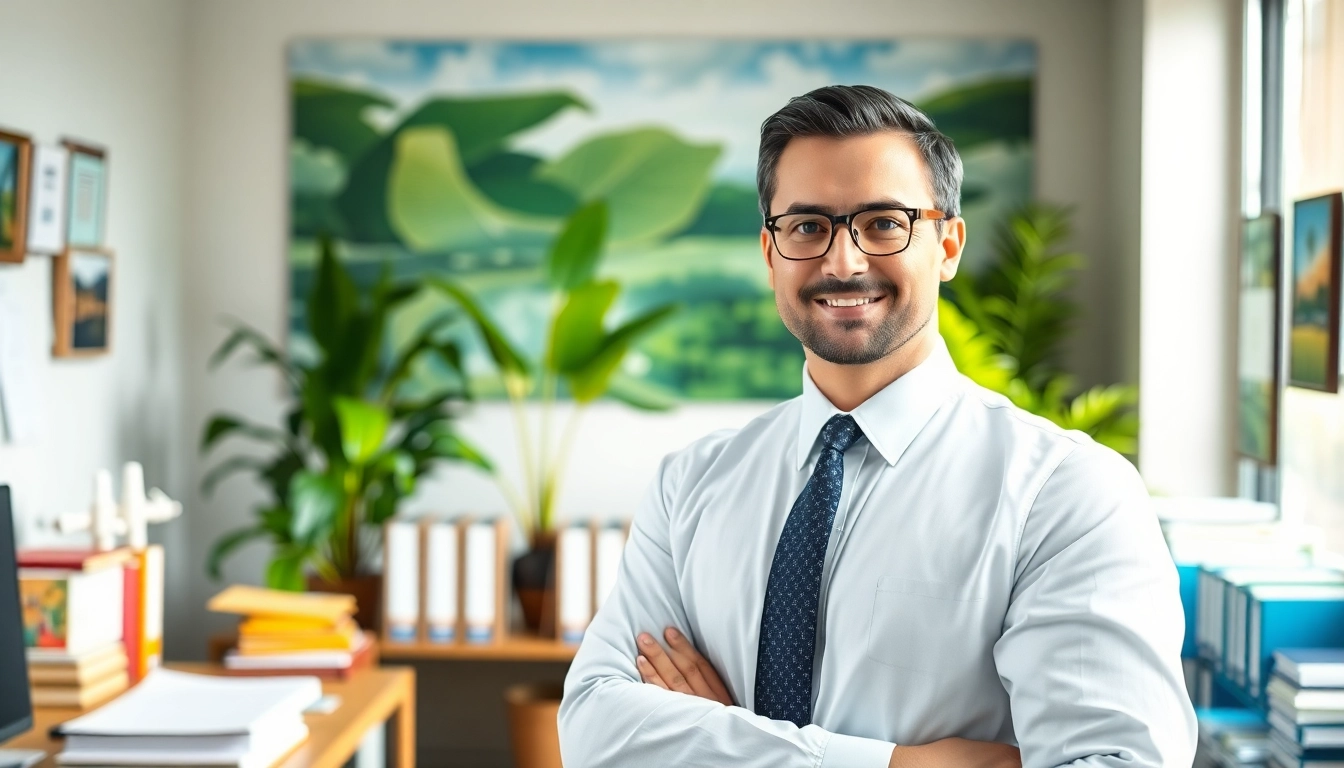 An environmental lawyer discussing legal matters in a vibrant office environment.