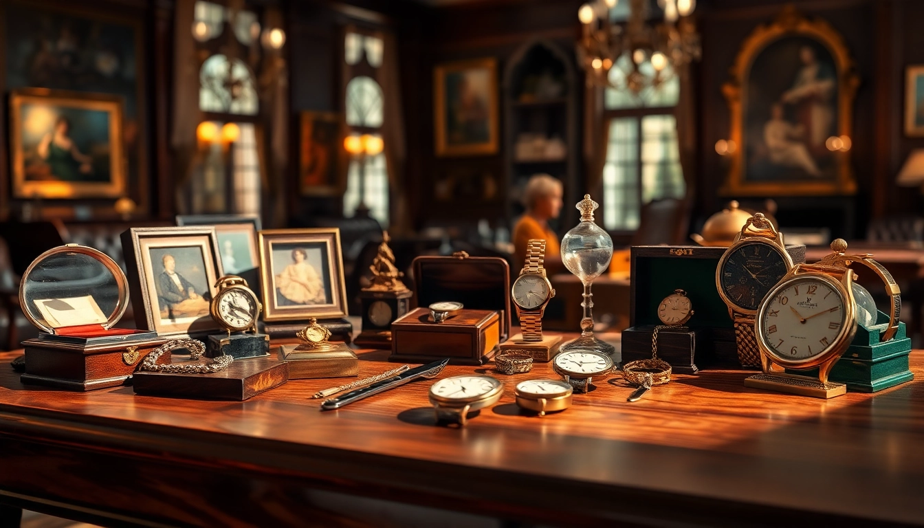 Showcase of prestigious collectibles for auction on https://www.avtales.com in a luxurious setting.