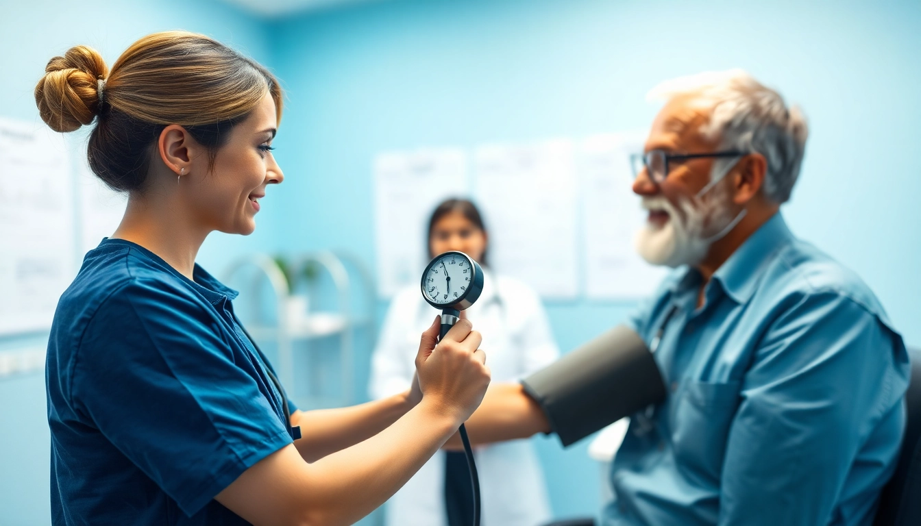 Ärztin überprüft Bluthochdruck bei einem Patienten in einer freundlichen Klinik.