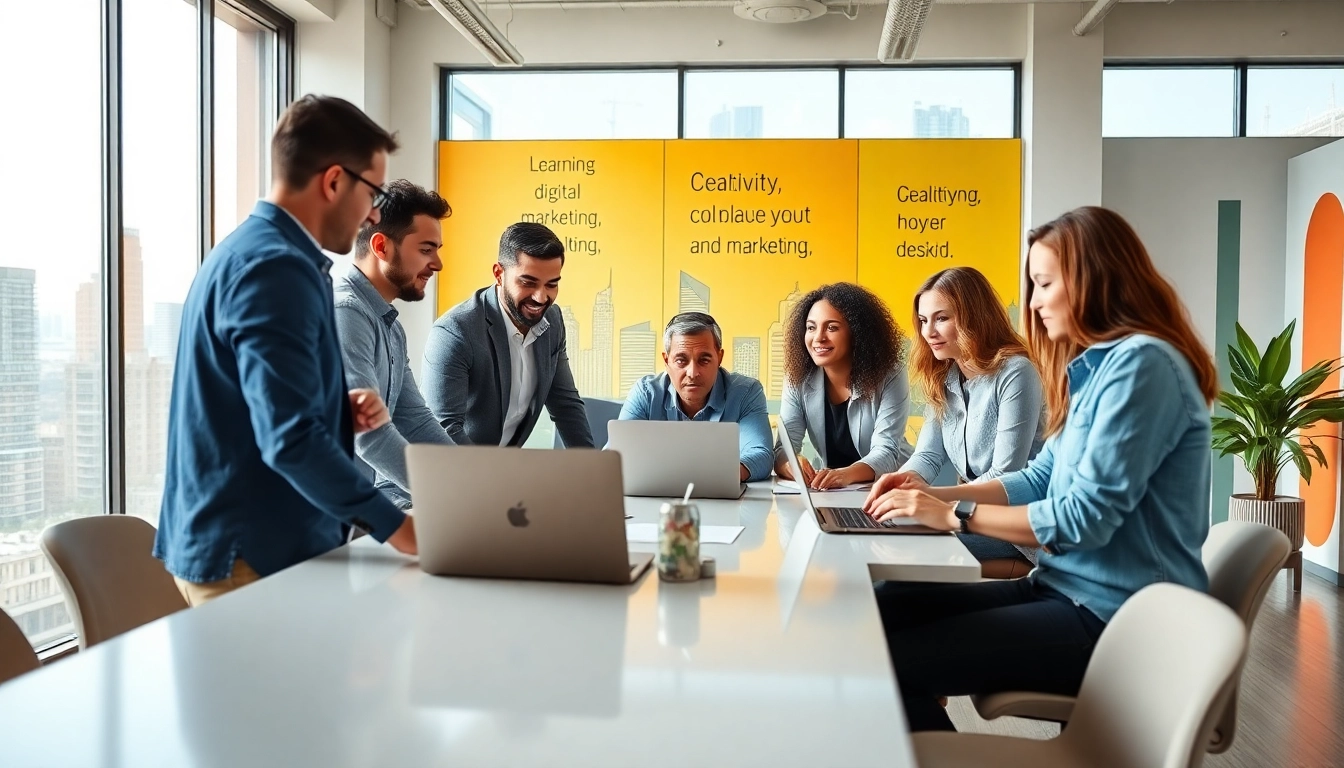 Engaged team members collaborating at a social media agency in a modern office setting.