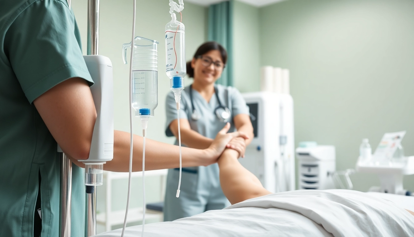 Administering IV Therapy to a patient in a professional healthcare setting.