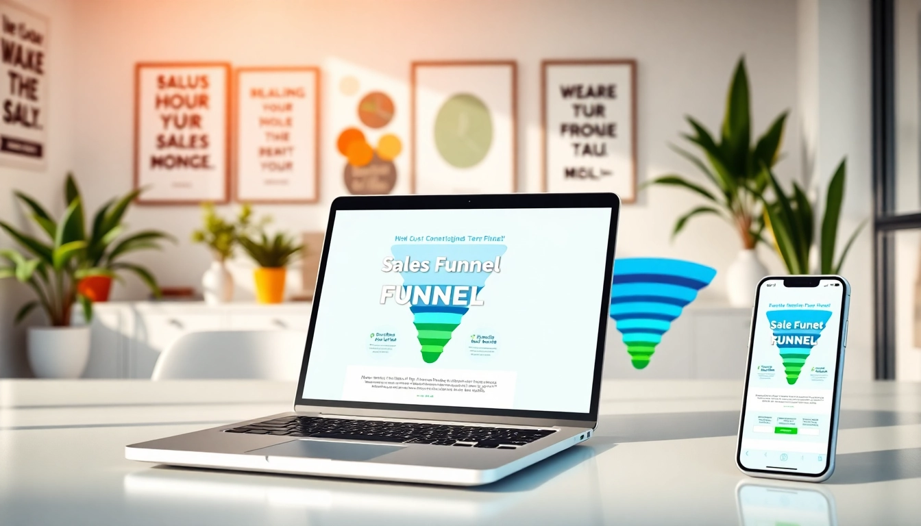Showcase dynamic funnel templates on digital devices in a modern workspace
