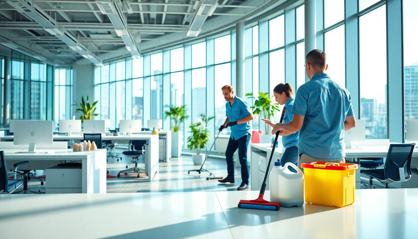 Showcasing a team engaged in commercial cleaning Melbourne with a bright, professional office layout.