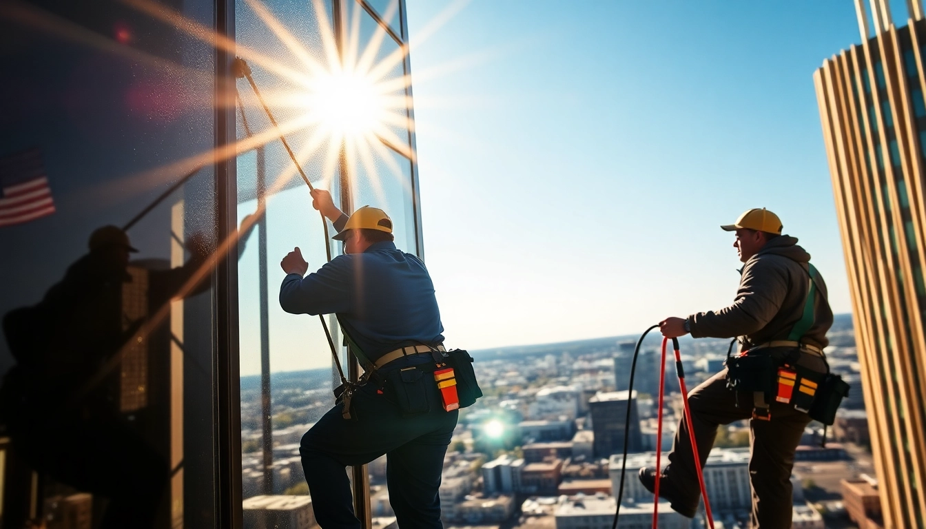 Window cleaners sioux falls service in action, showcasing professionals cleaning high-rise windows.