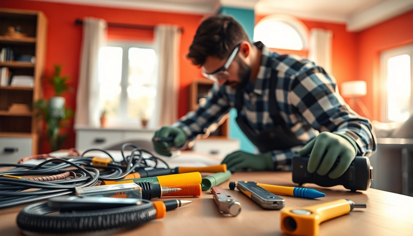 Electrical Service expert conducting a wiring installation with safety tools in a bright home environment.