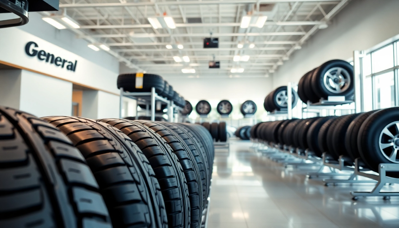 Showcasing a variety of General tires in a bright automotive showroom environment.
