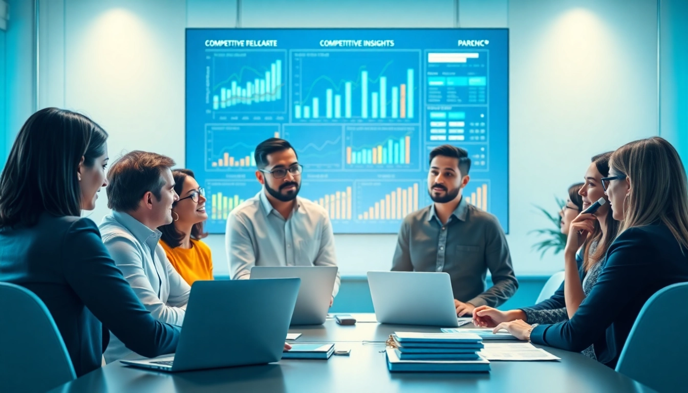 Analyze competitive intelligence strategies among business professionals in a modern office setting.