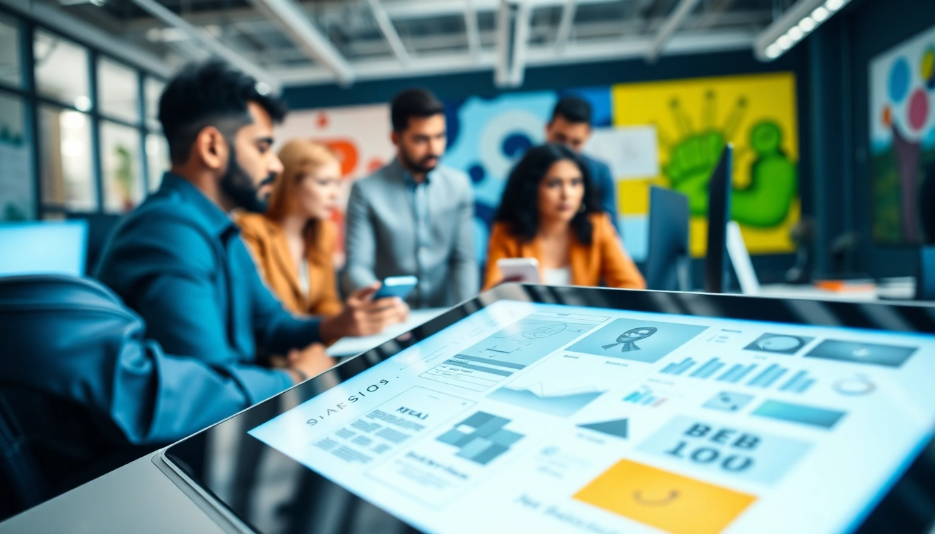 Showcasing a vibrant workspace of a web design agency Malaysia with a diverse team collaborating on creative designs.