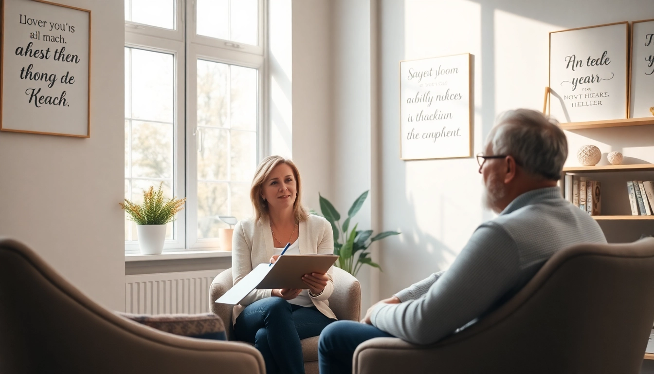 Empathetic relationship coach assisting a couple in a warm office setting.