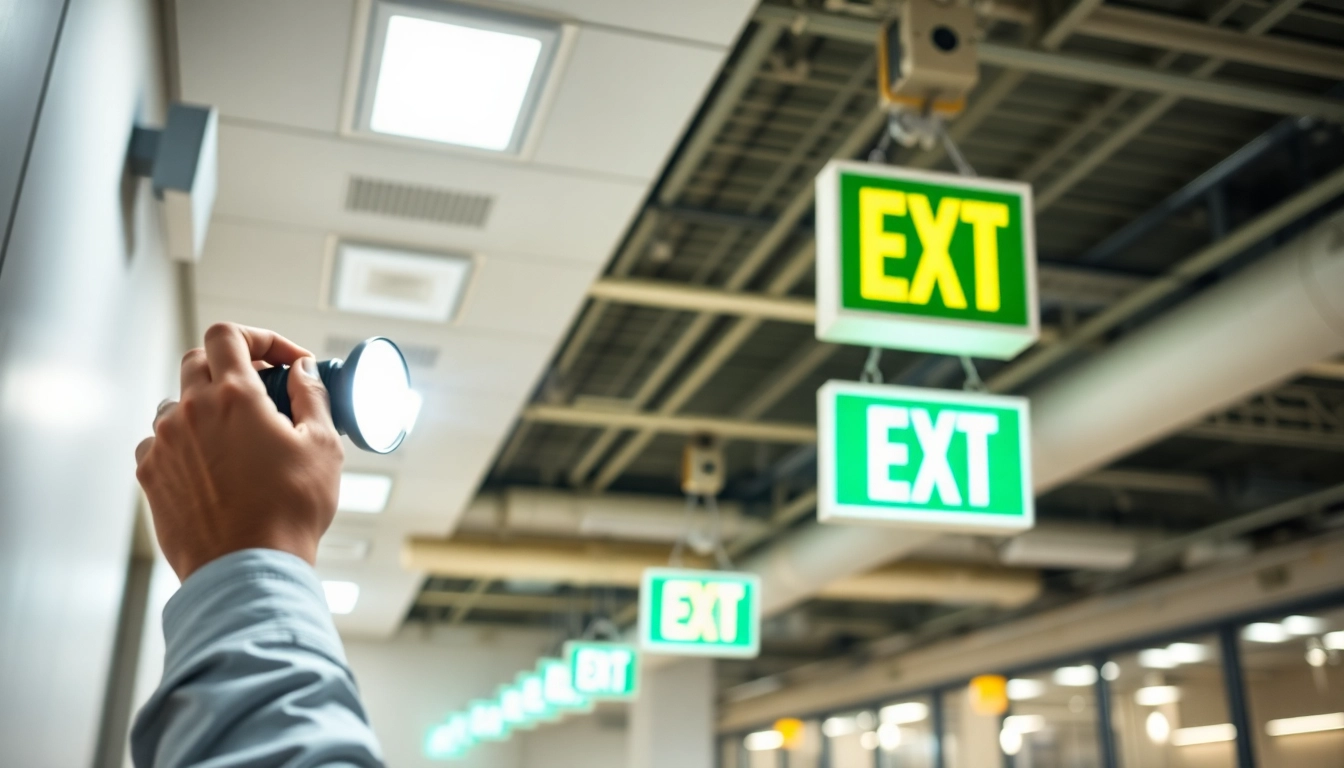 Enhancing safety during Emergency Light Testing with a technician inspecting fixtures and exit signs.