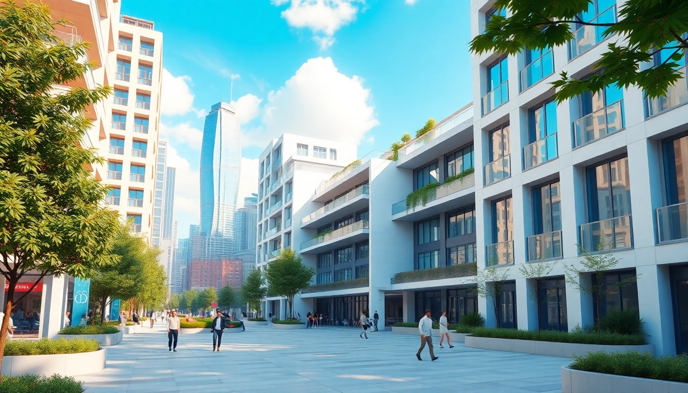 Architekturvisualisierung eines modernen städtischen Gebäudes mit lebendiger Umgebung und dynamischer Atmosphäre.