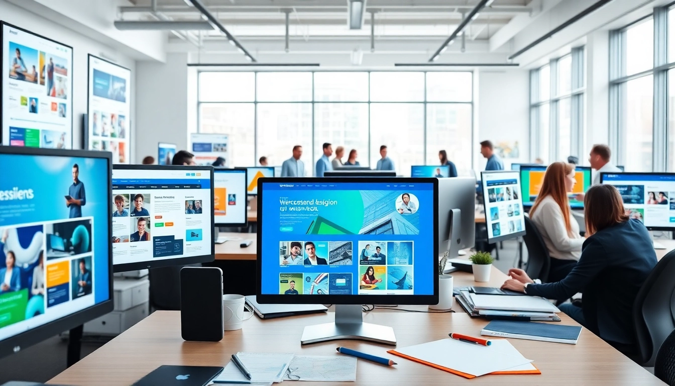 Showcasing innovative website design templates in a bright modern office environment.