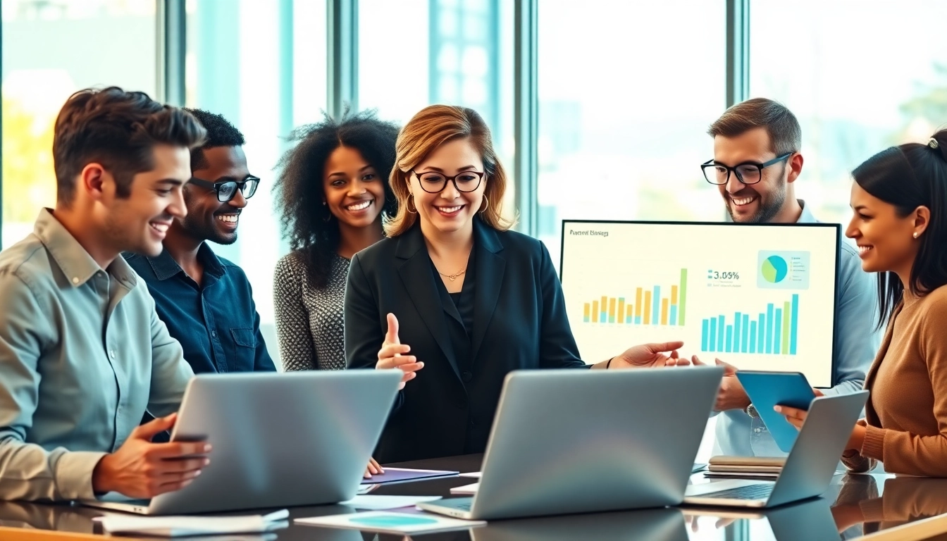 Engaging marketing team collaborating on AI content marketing platform strategies in a vibrant office.